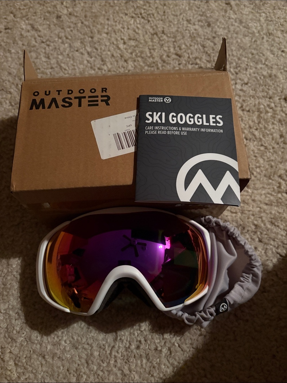 Outdoor Master White Ski Goggles with Purple Mirrored Lens